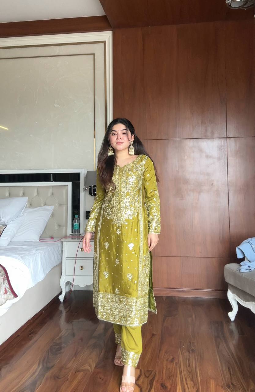 Awesome Green Chinon with Sequence Work Sharara Suit