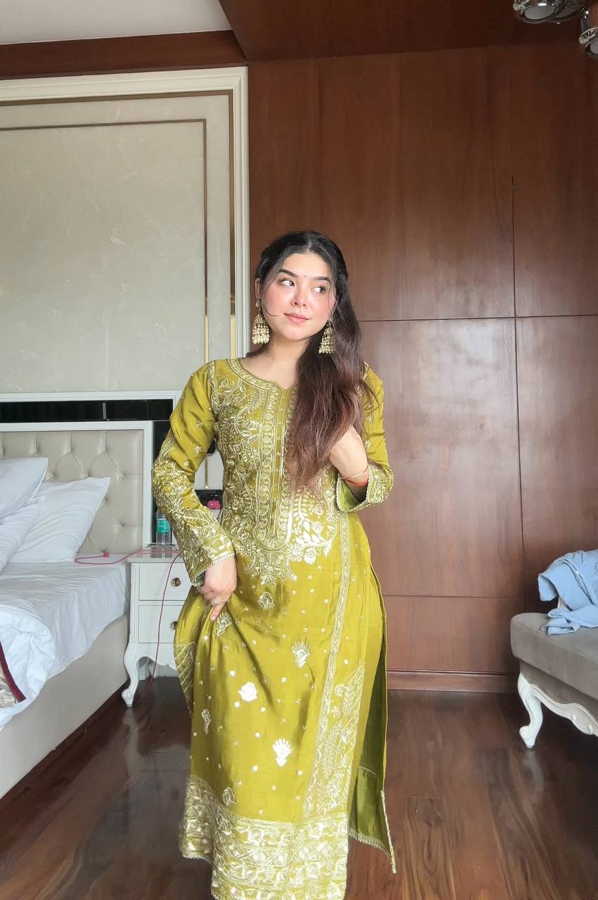 Awesome Green Chinon with Sequence Work Sharara Suit