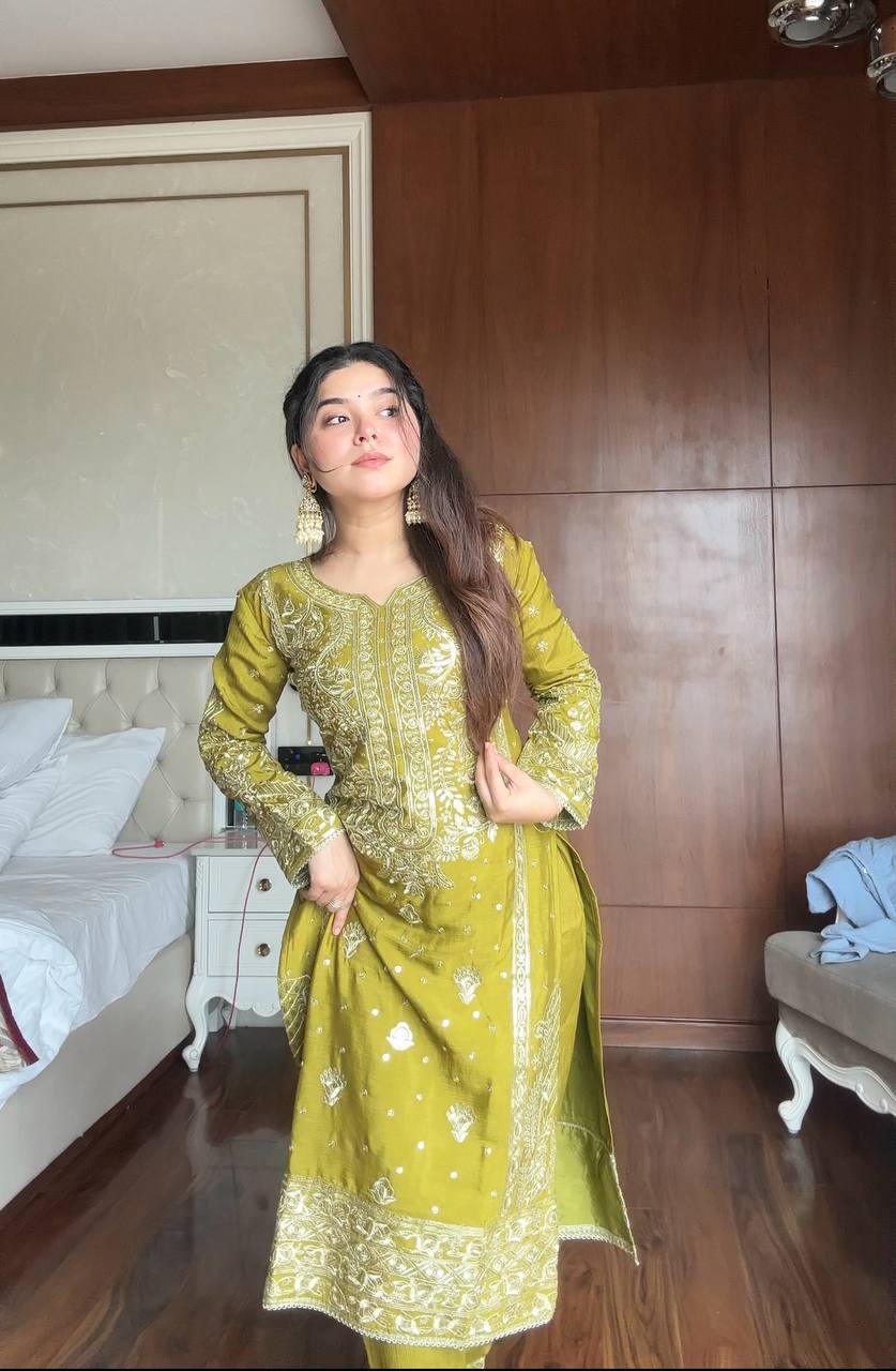 Awesome Green Chinon with Sequence Work Sharara Suit