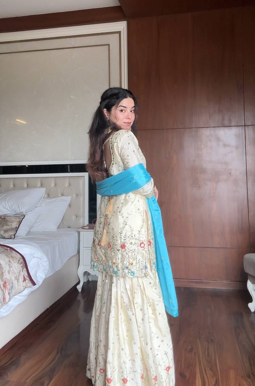 Daisy White Chinon Sequence Work Sharara Suit