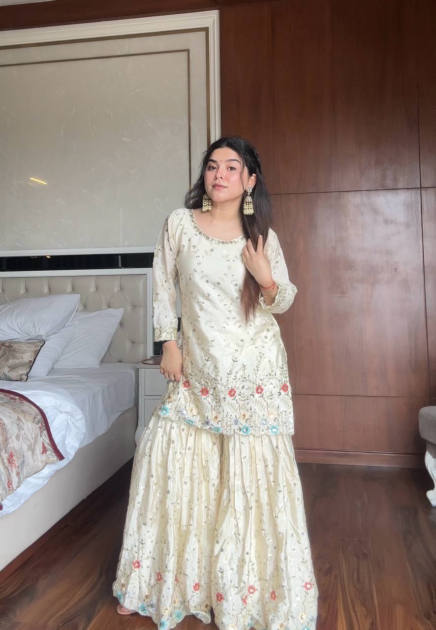 Daisy White Chinon Sequence Work Sharara Suit