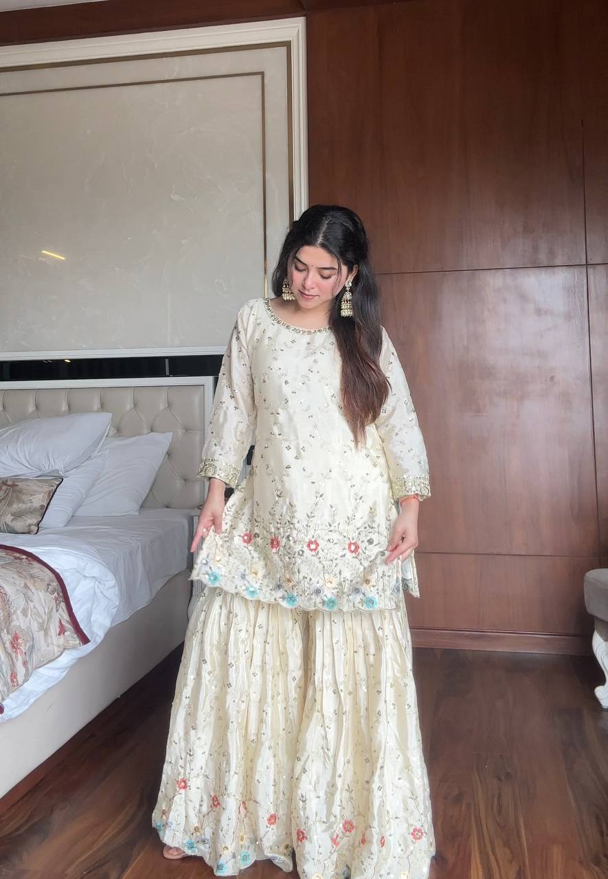 Daisy White Chinon Sequence Work Sharara Suit
