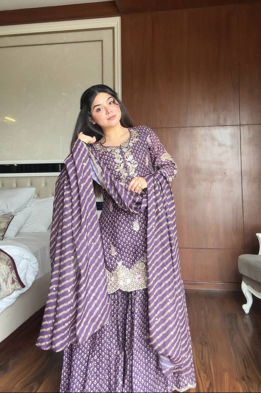 Trendy Purple Chinon Embroidery Work Sharara Suit