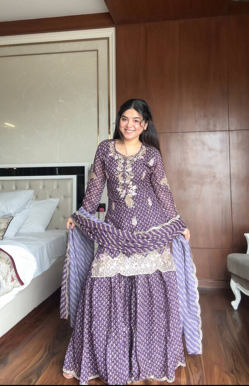 Trendy Purple Chinon Embroidery Work Sharara Suit