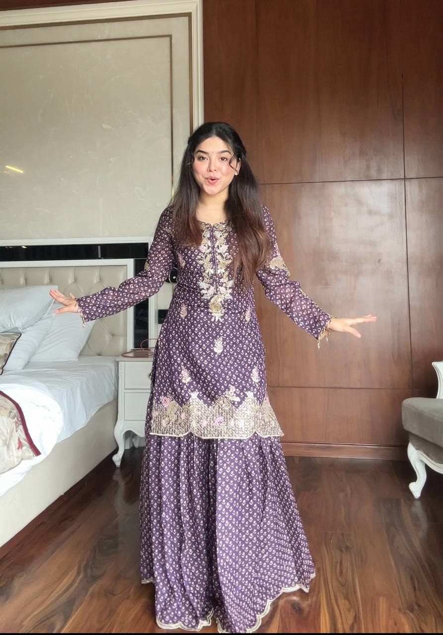 Trendy Purple Chinon Embroidery Work Sharara Suit
