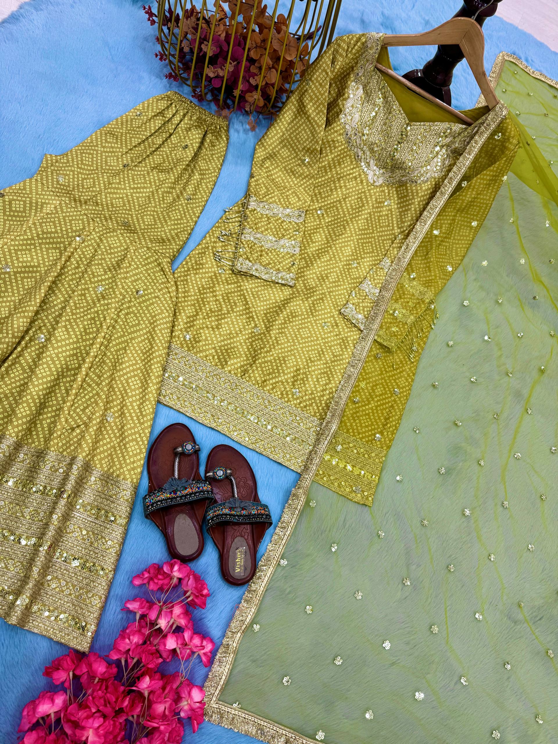 Gorgeous Green Chinon Silk Sequence Work Sharara Suit