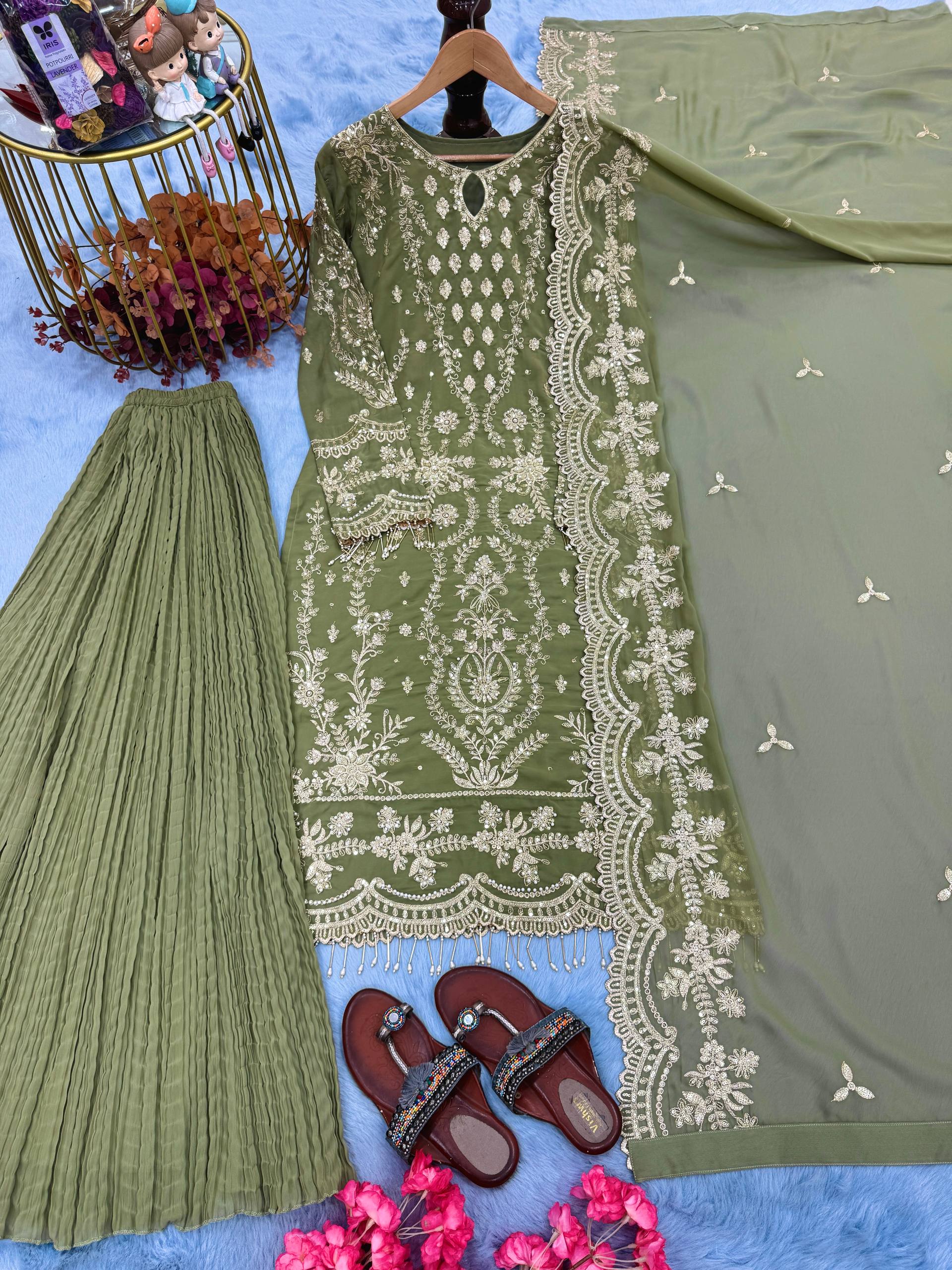 Glorious Green Georgette Sequence Work Palazzo Suit