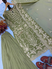 Glorious Green Georgette Sequence Work Palazzo Suit
