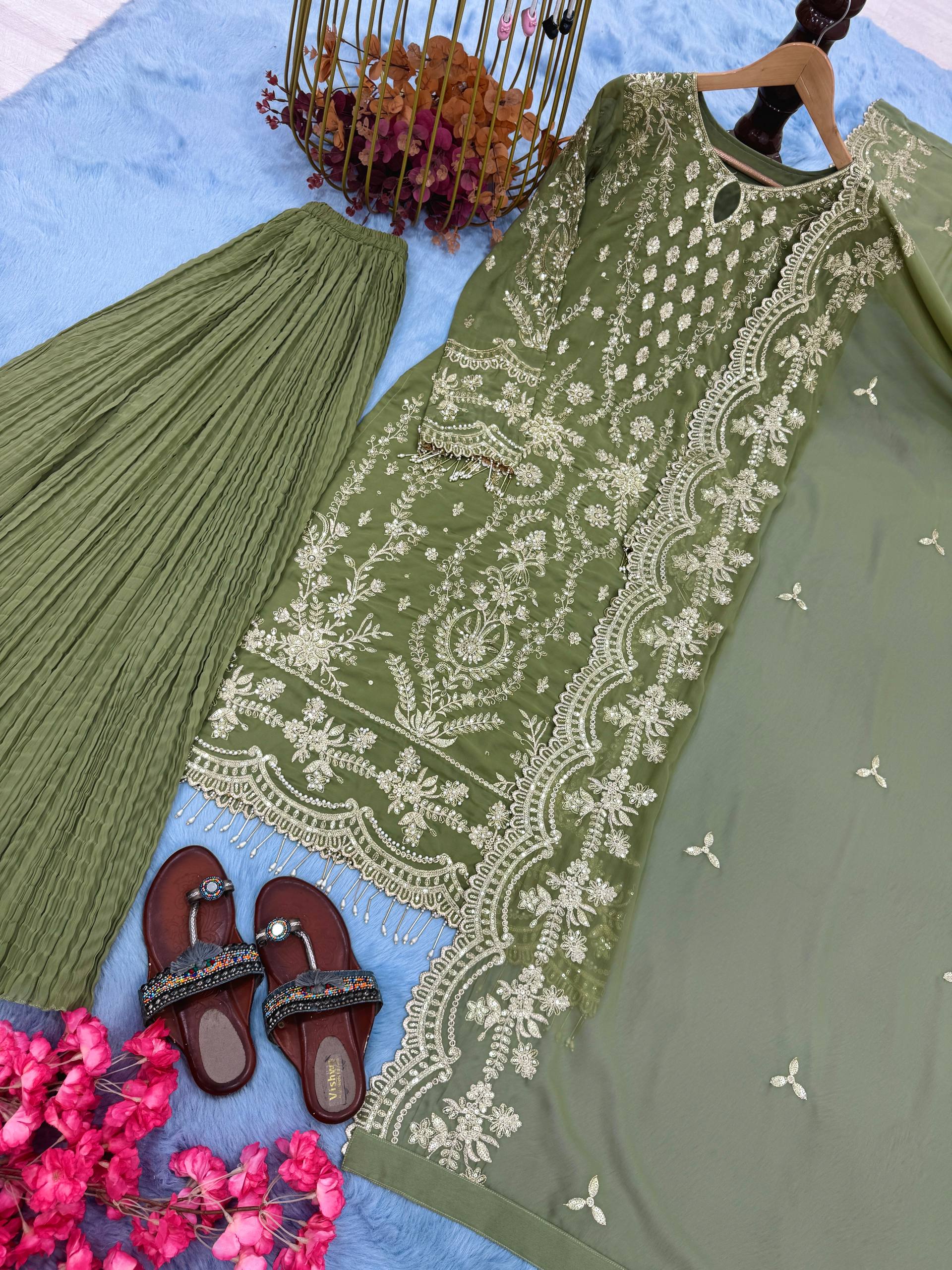 Glorious Green Georgette Sequence Work Palazzo Suit