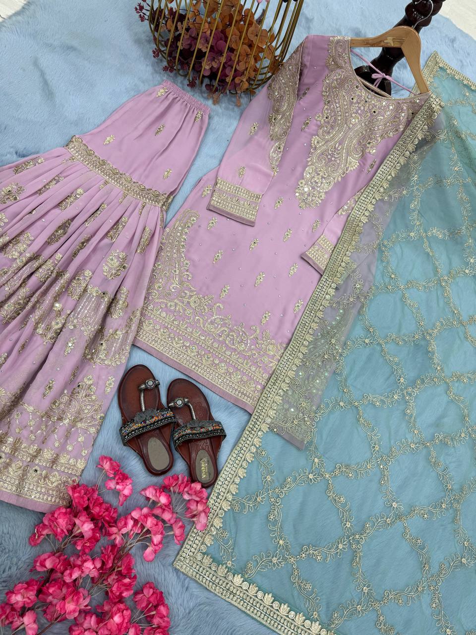 Stylish Pink Georgette Work Sharara Suit