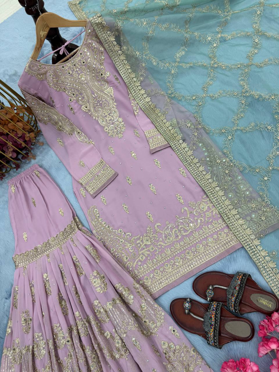 Stylish Pink Georgette Work Sharara Suit