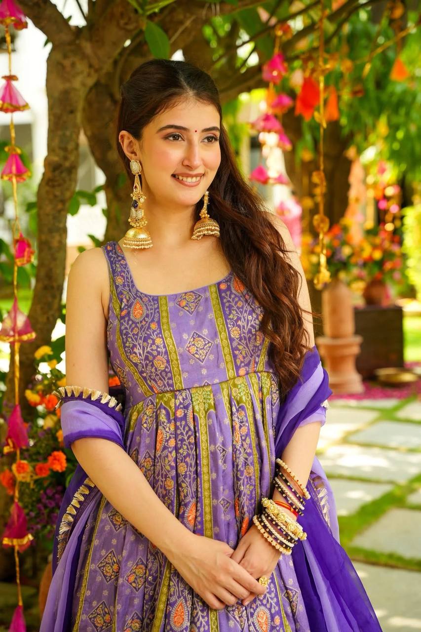 Attractive Purple Organza Digital Printed Gown