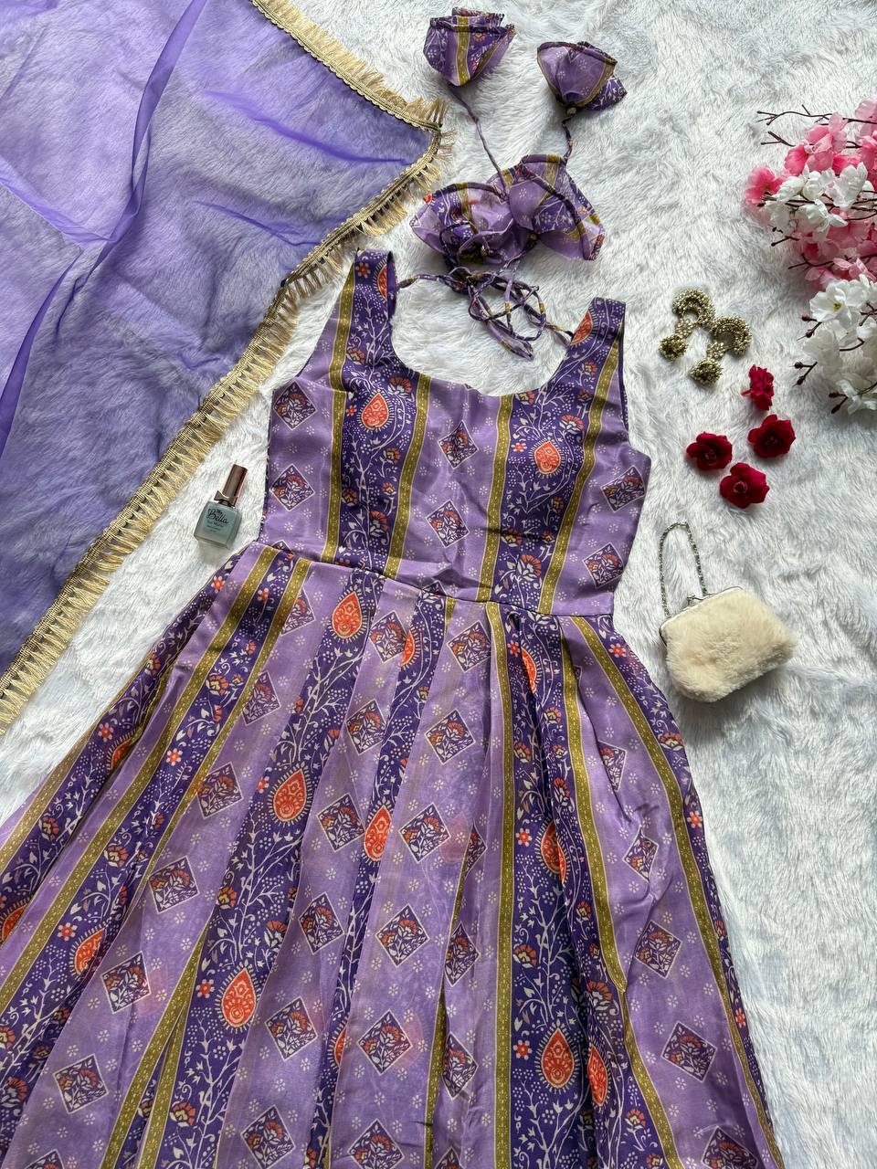 Attractive Purple Organza Digital Printed Gown