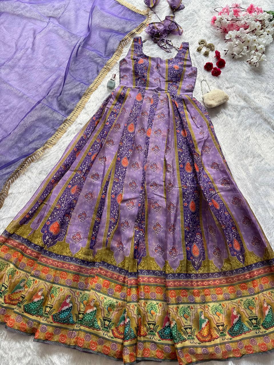 Attractive Purple Organza Digital Printed Gown