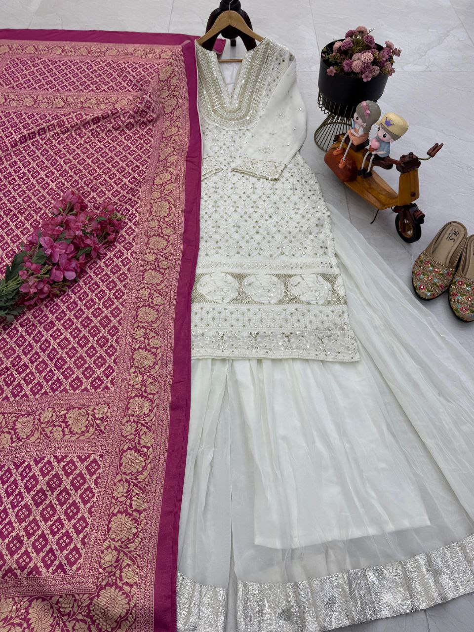 Trendy White Georgette Sequence Work Palazzo Suit