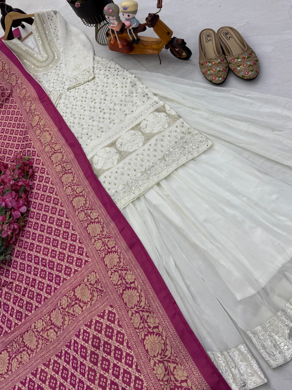 Trendy White Georgette Sequence Work Palazzo Suit