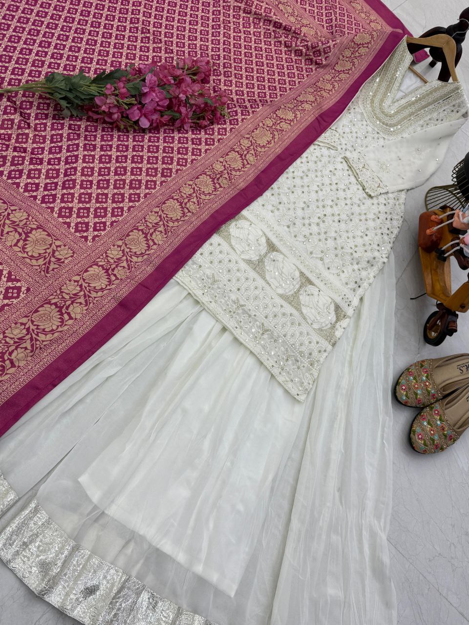 Trendy White Georgette Sequence Work Palazzo Suit
