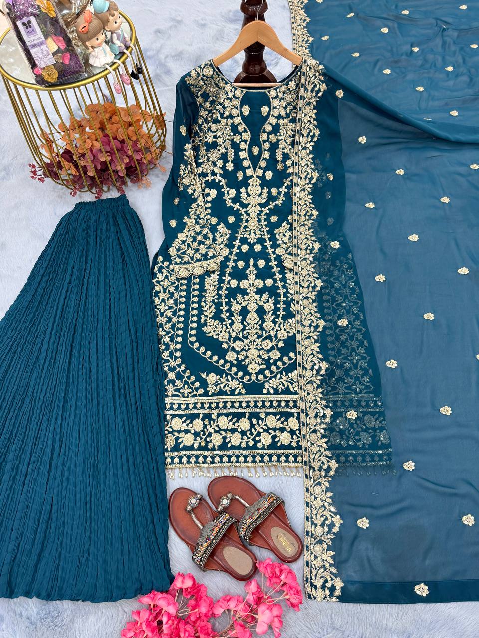 Trendy Green Georgette Sequence Work Palazzo Suit
