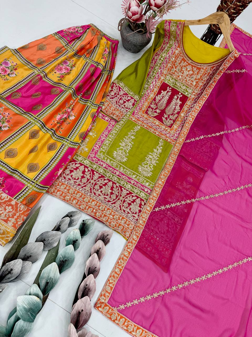 Stylish Yellow Chinon Silk Sequence Work Sharara Suit