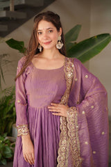 Stylish Purple Silk with Embroidery Work Gown
