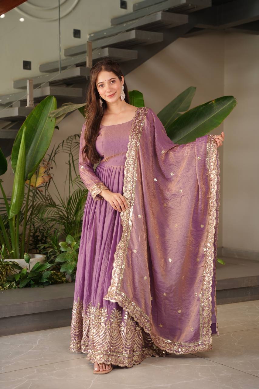 Stylish Purple Silk with Embroidery Work Gown