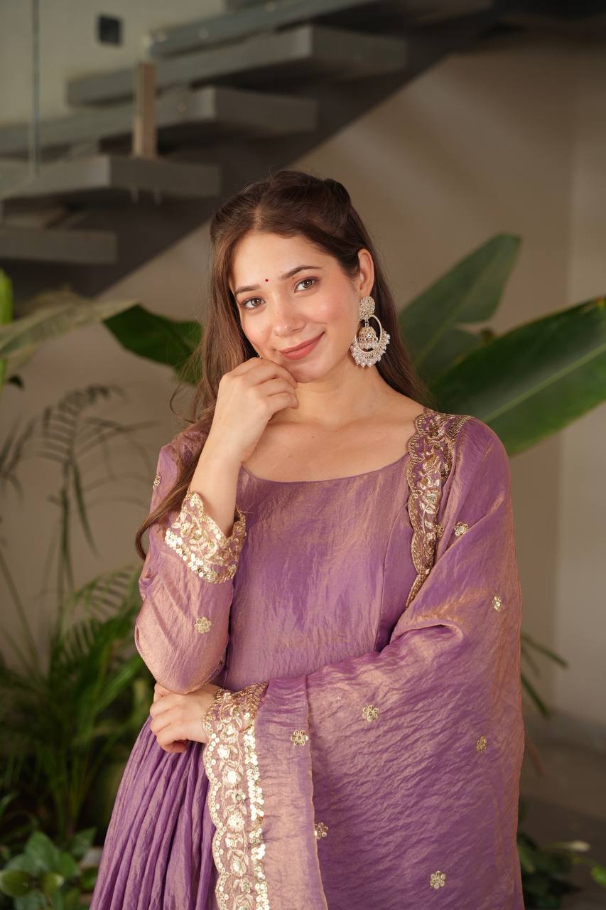 Stylish Purple Silk with Embroidery Work Gown