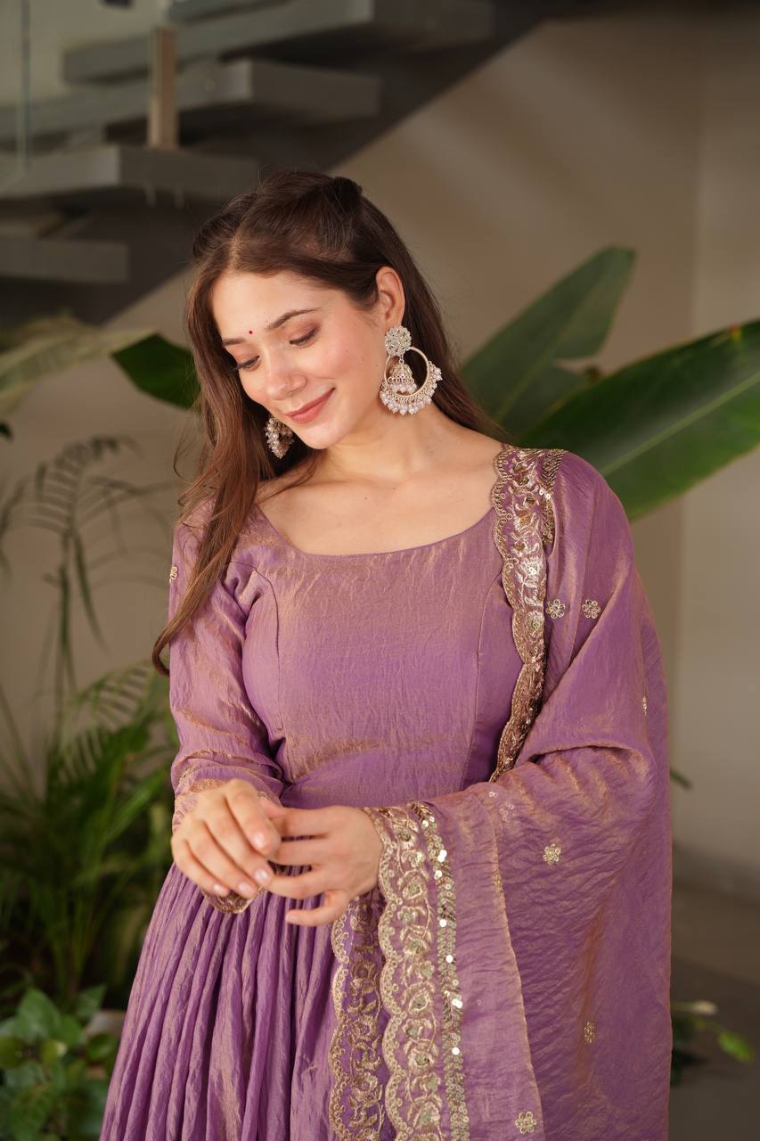 Stylish Purple Silk with Embroidery Work Gown