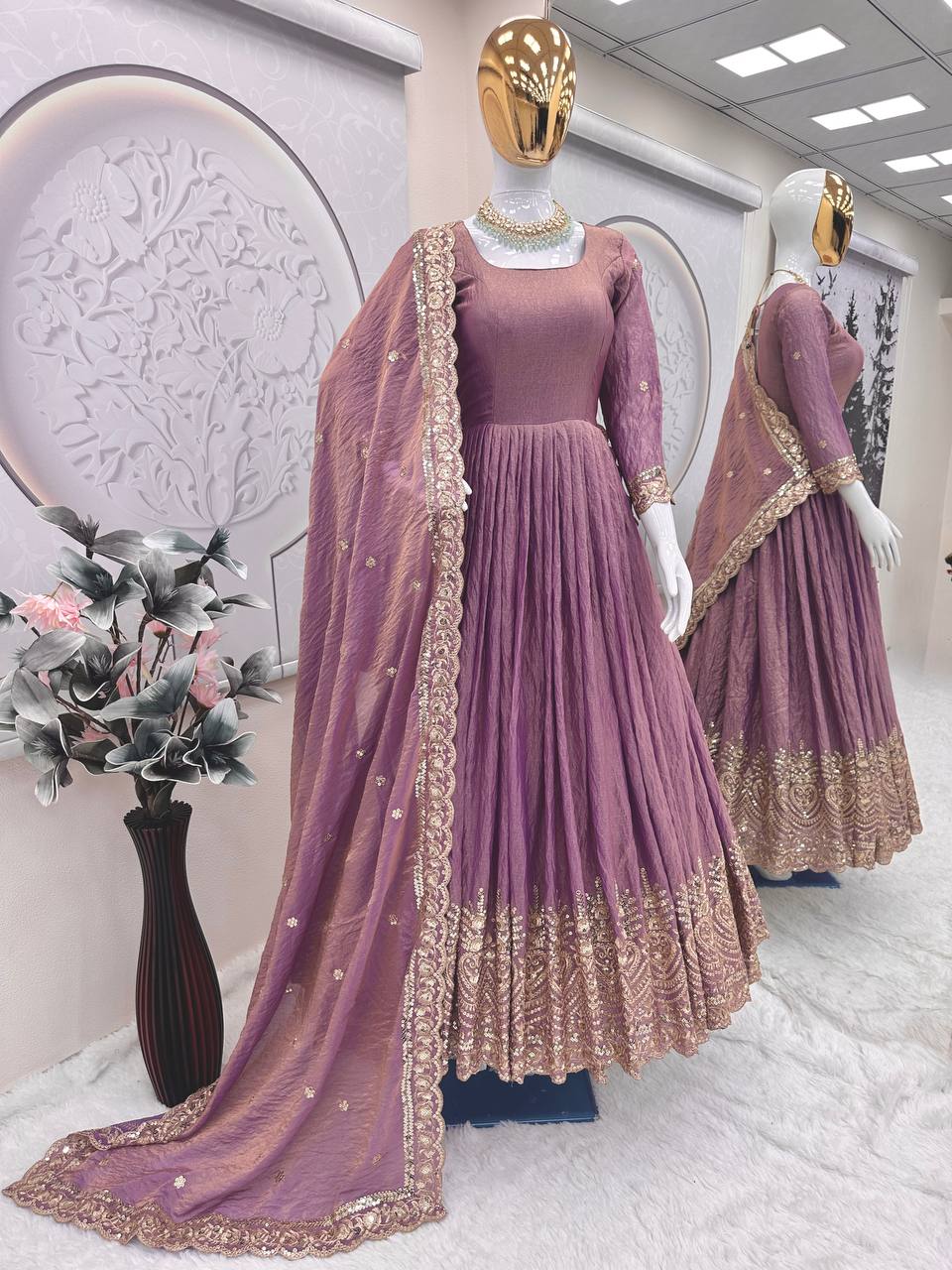 Stylish Purple Silk with Embroidery Work Gown
