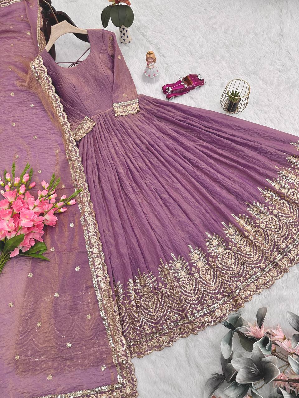 Stylish Purple Silk with Embroidery Work Gown