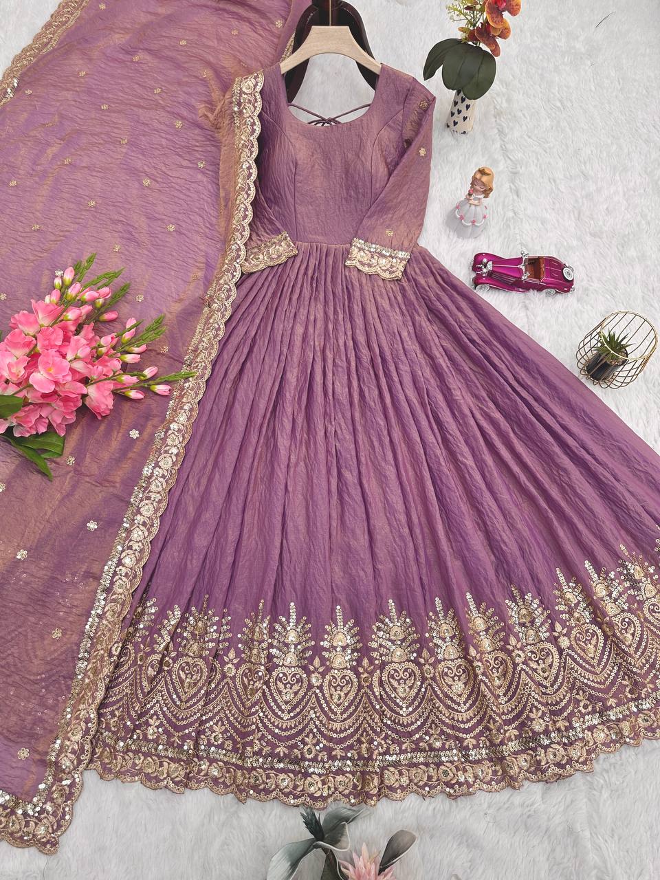 Stylish Purple Silk with Embroidery Work Gown