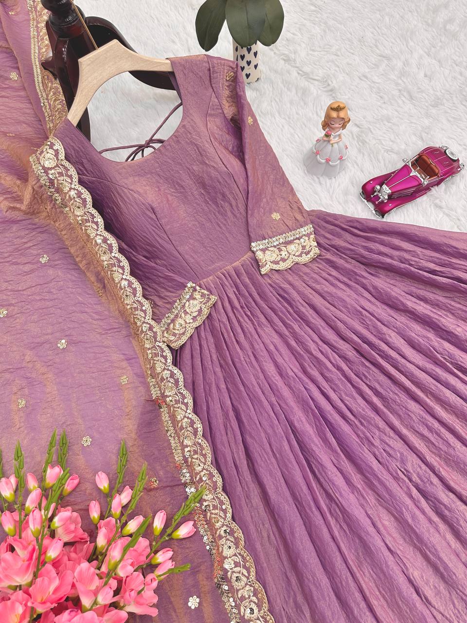 Stylish Purple Silk with Embroidery Work Gown
