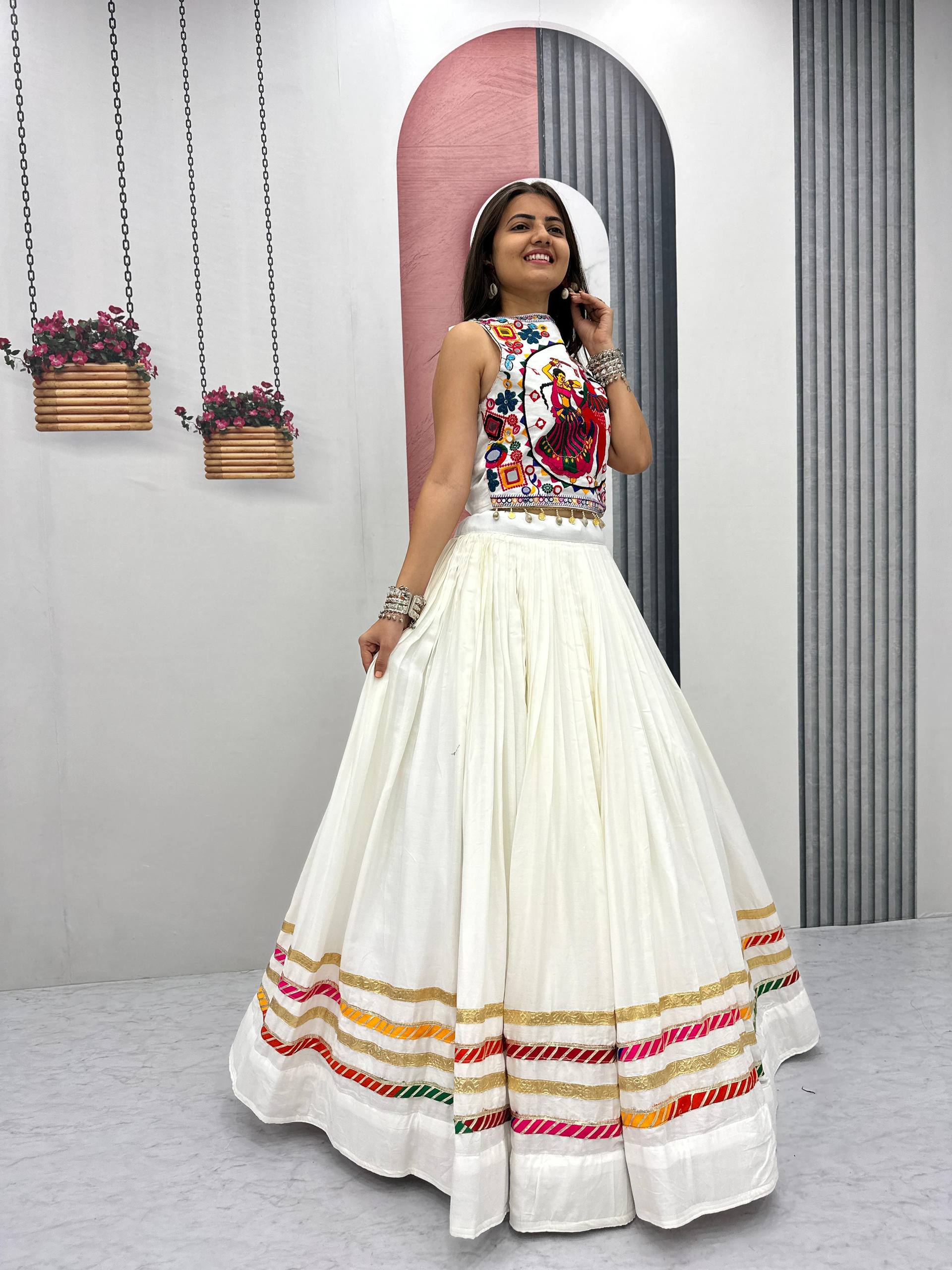 Exclusive White Cotton Gamthi Work Lehenga