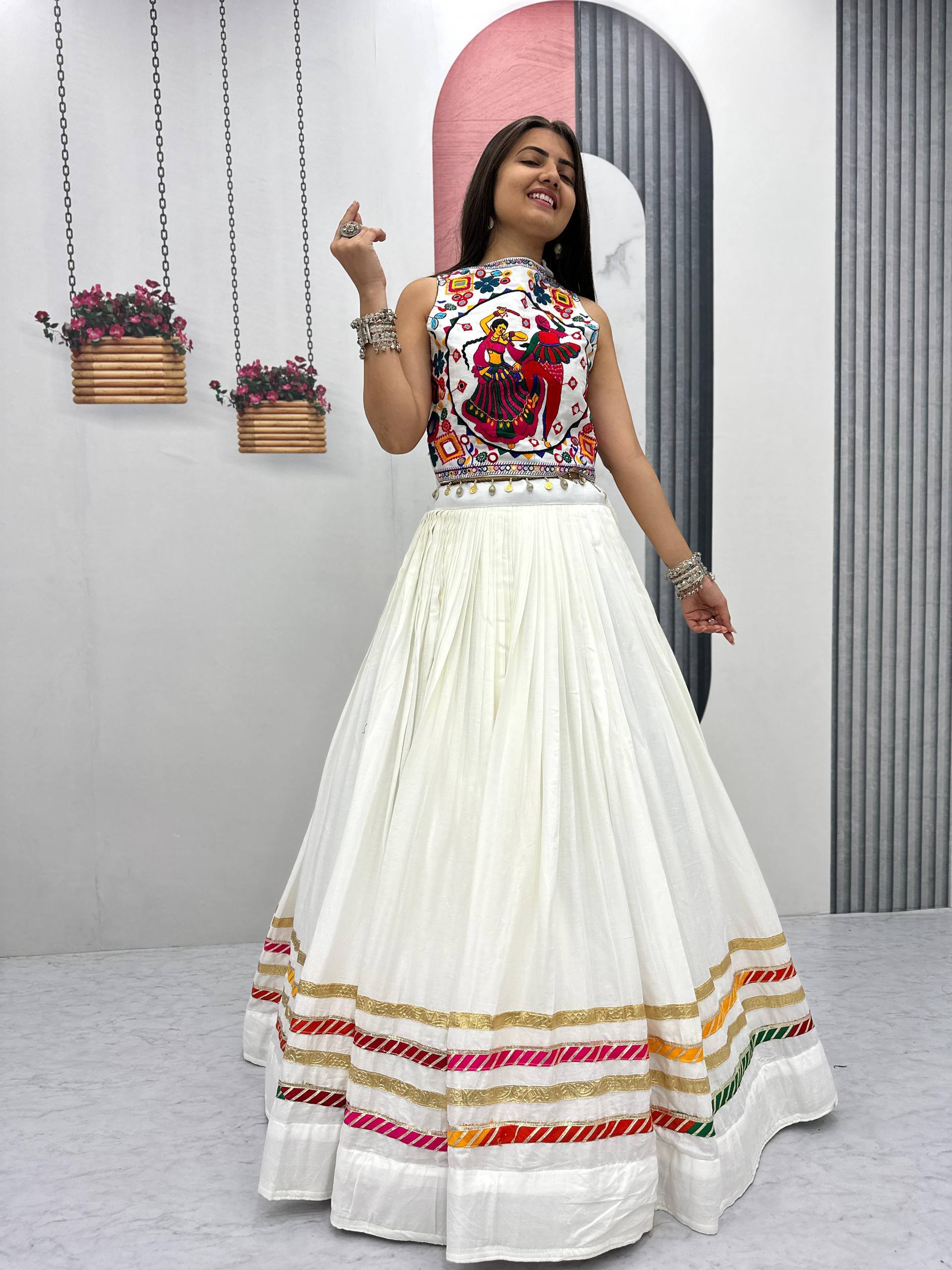 Exclusive White Cotton Gamthi Work Lehenga