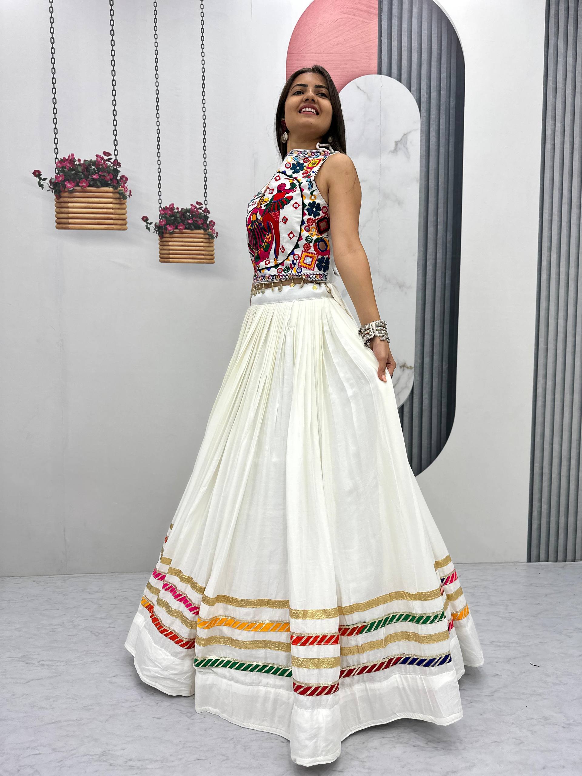 Exclusive White Cotton Gamthi Work Lehenga
