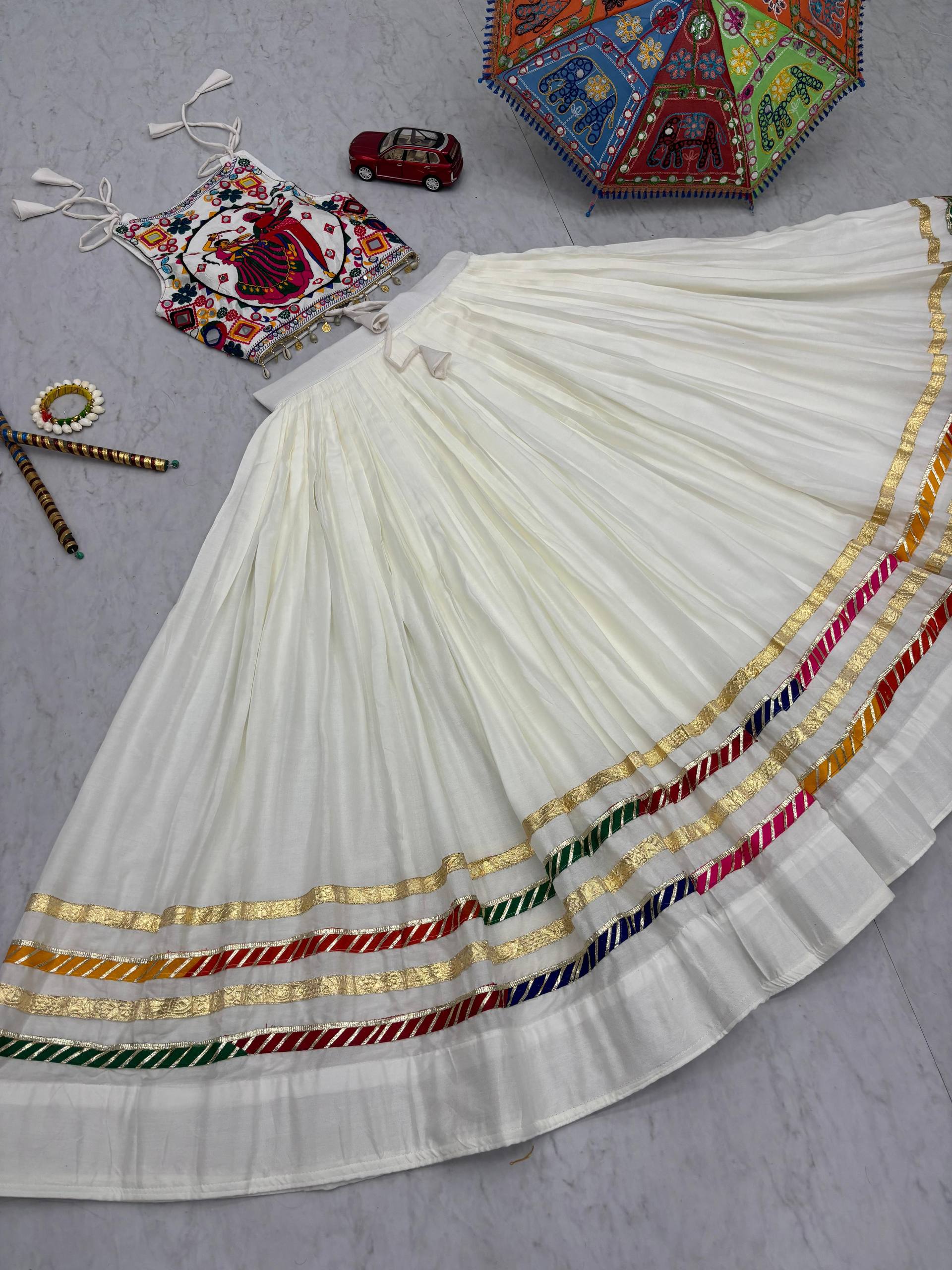Exclusive White Cotton Gamthi Work Lehenga