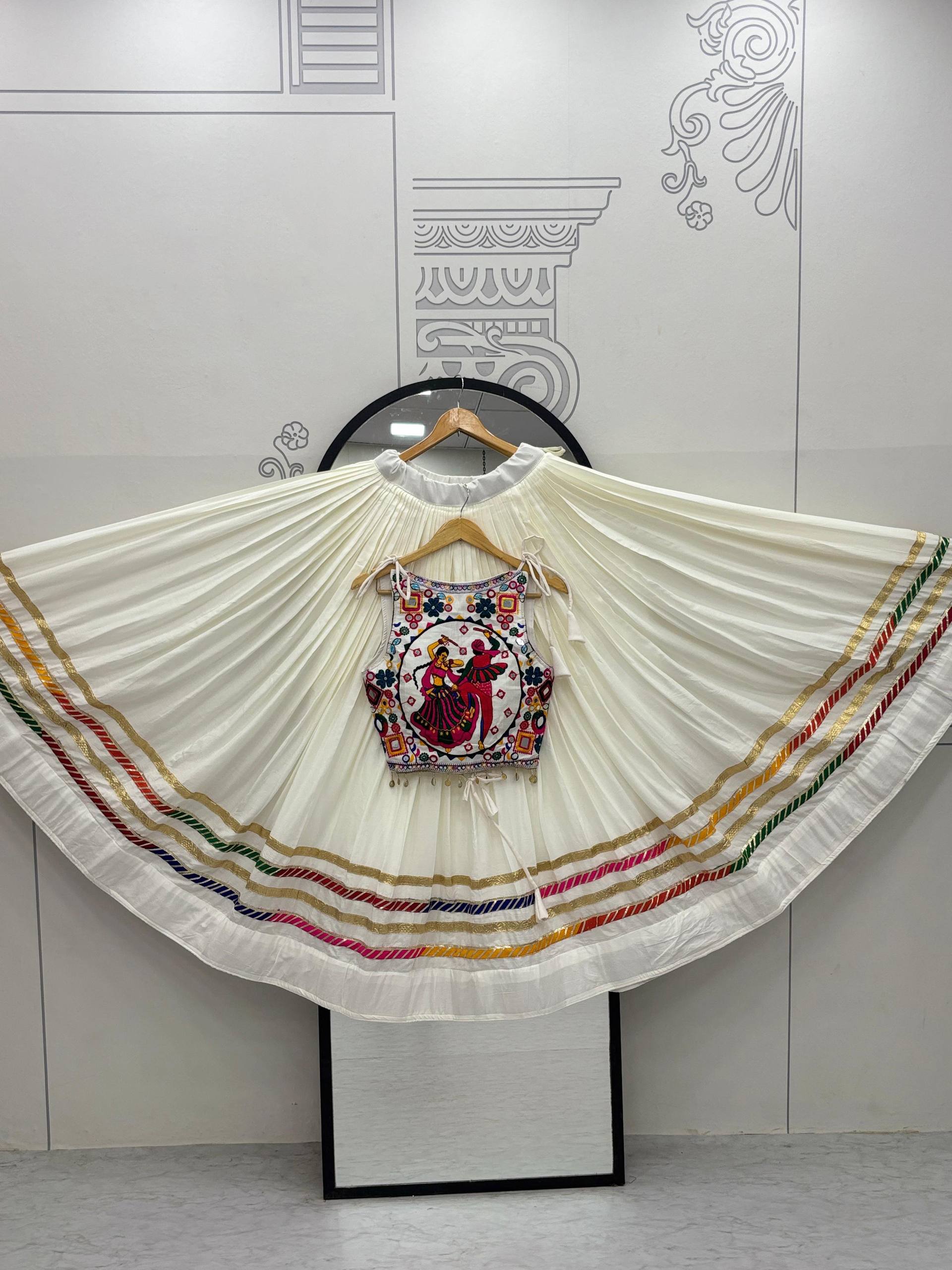 Exclusive White Cotton Gamthi Work Lehenga