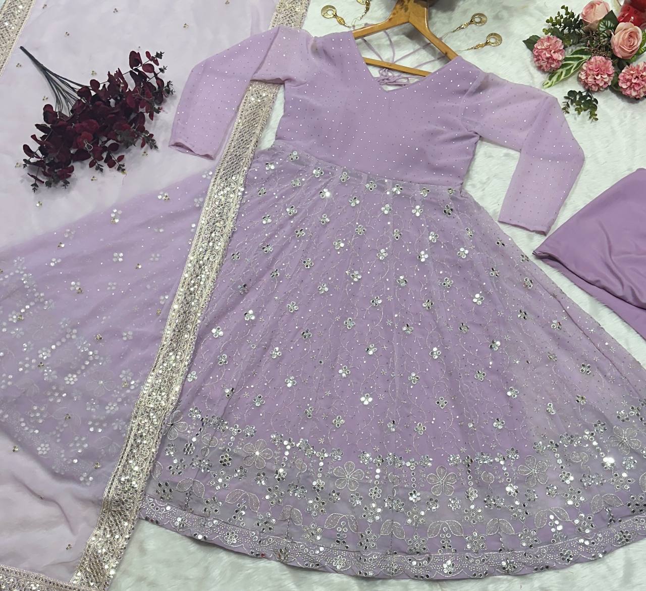 Attractive Lilac Blooming Foil Work Anarkali Gown