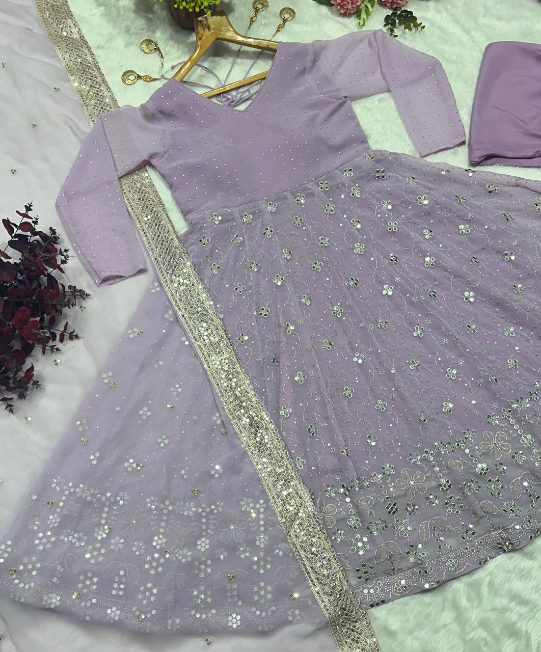 Attractive Lilac Blooming Foil Work Anarkali Gown