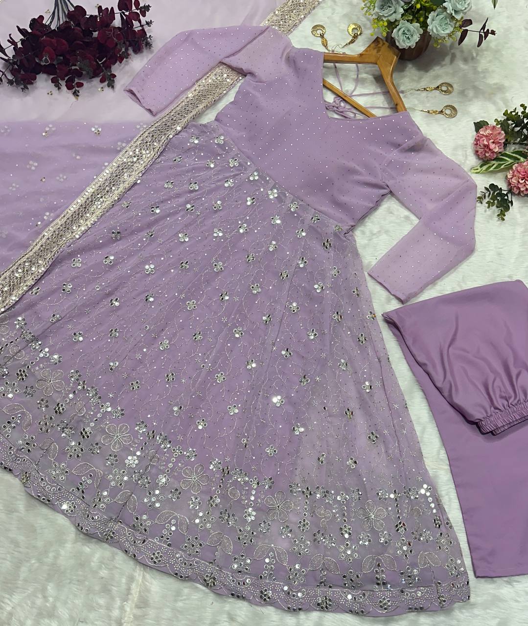 Attractive Lilac Blooming Foil Work Anarkali Gown