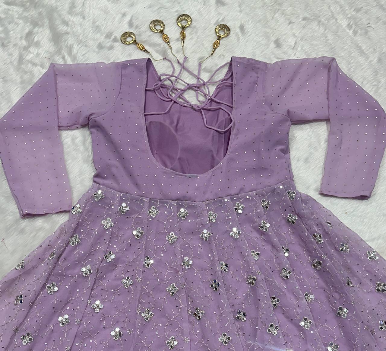 Attractive Lilac Blooming Foil Work Anarkali Gown