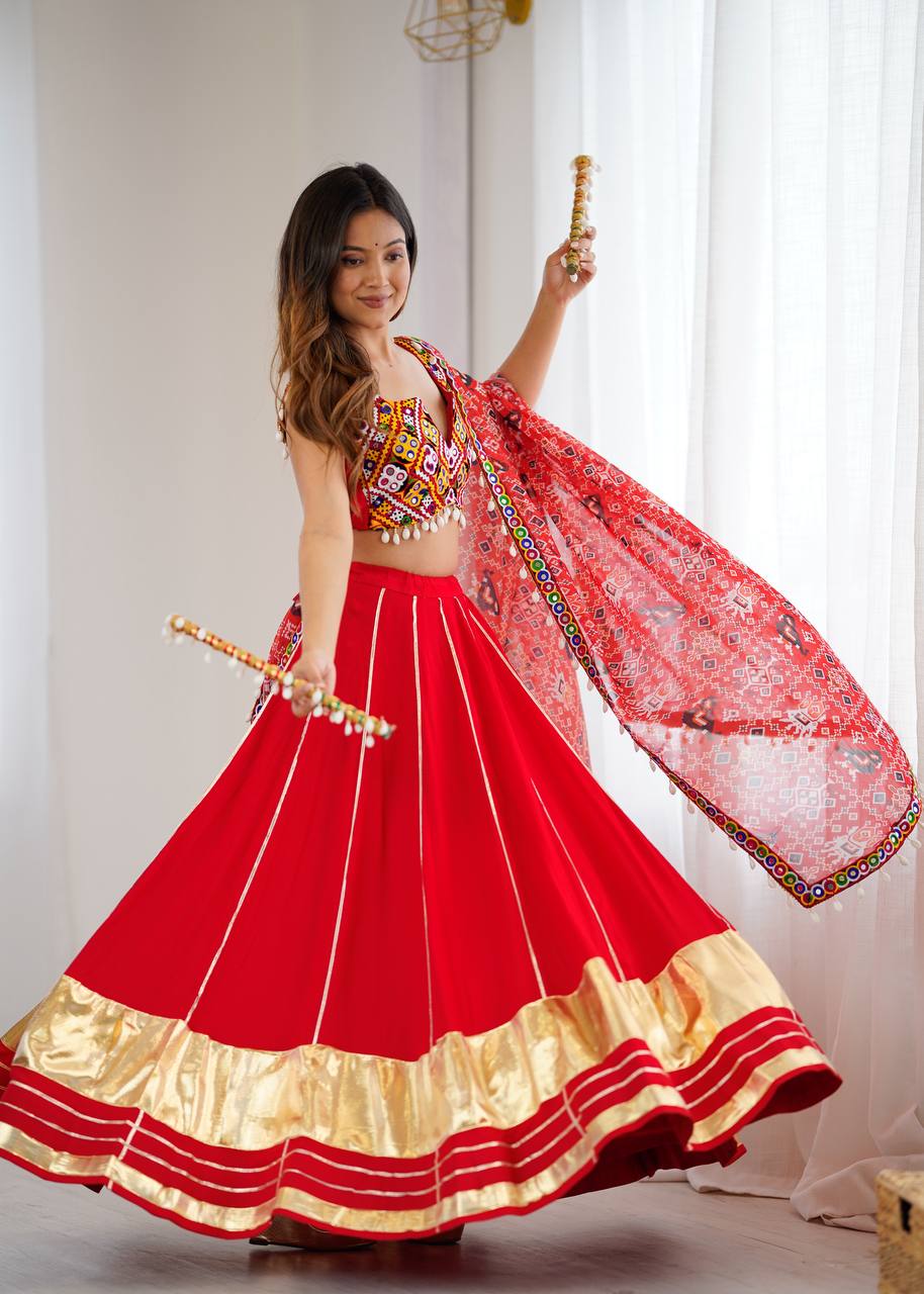 Ravishing Red Rayon Lagdi Patta Lehenga Choli