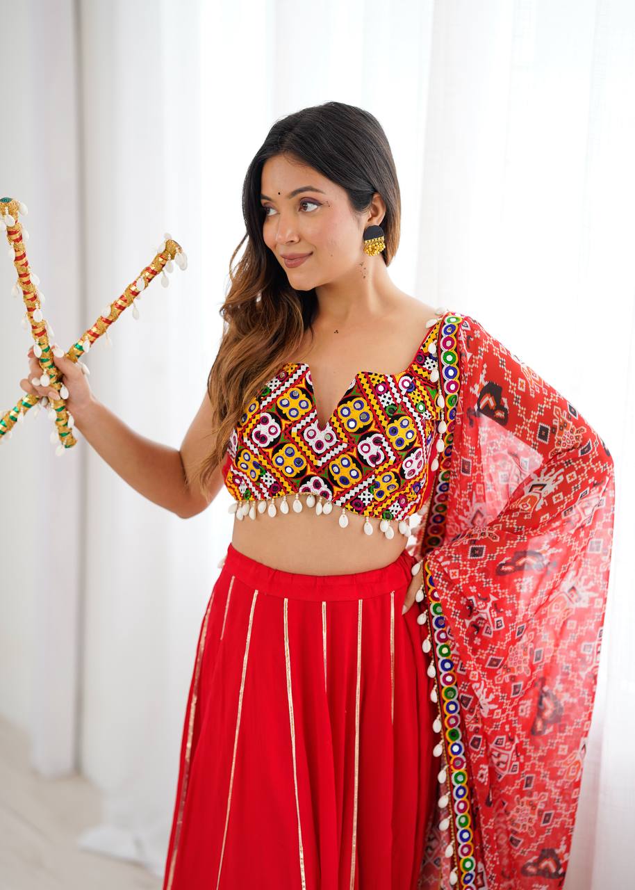 Ravishing Red Rayon Lagdi Patta Lehenga Choli