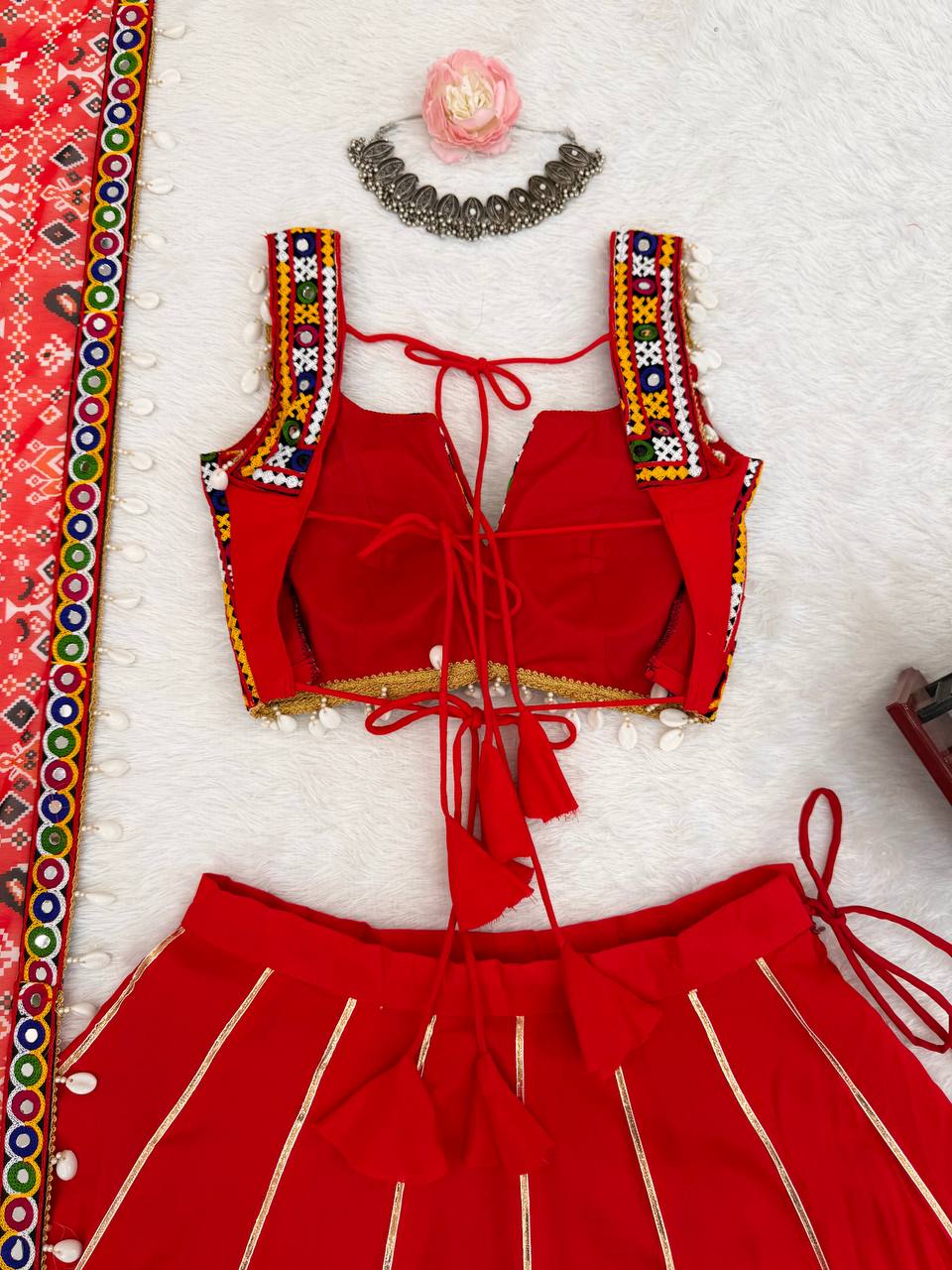 Ravishing Red Rayon Lagdi Patta Lehenga Choli