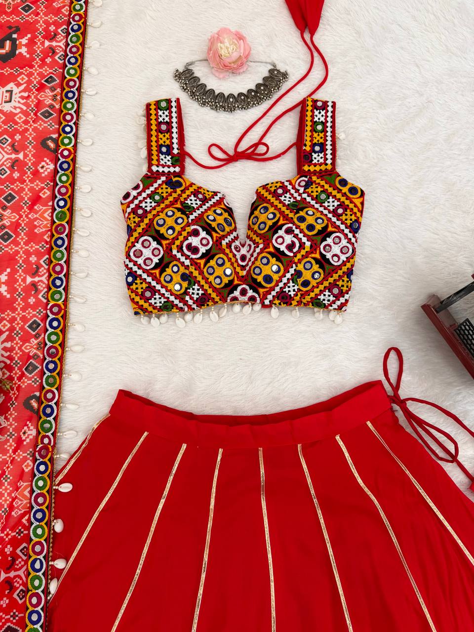 Ravishing Red Rayon Lagdi Patta Lehenga Choli