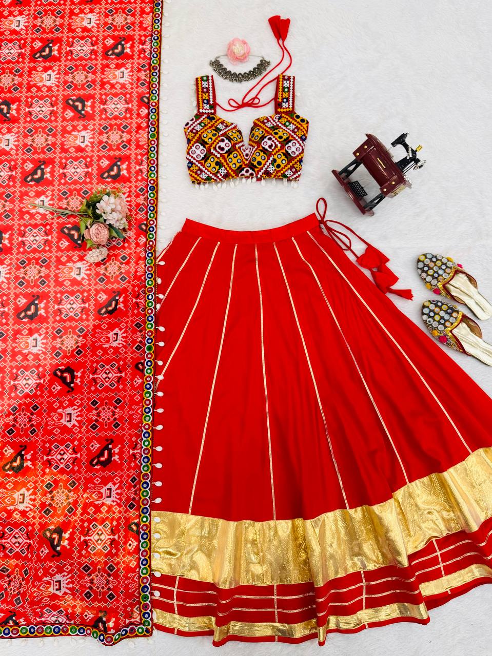 Ravishing Red Rayon Lagdi Patta Lehenga Choli