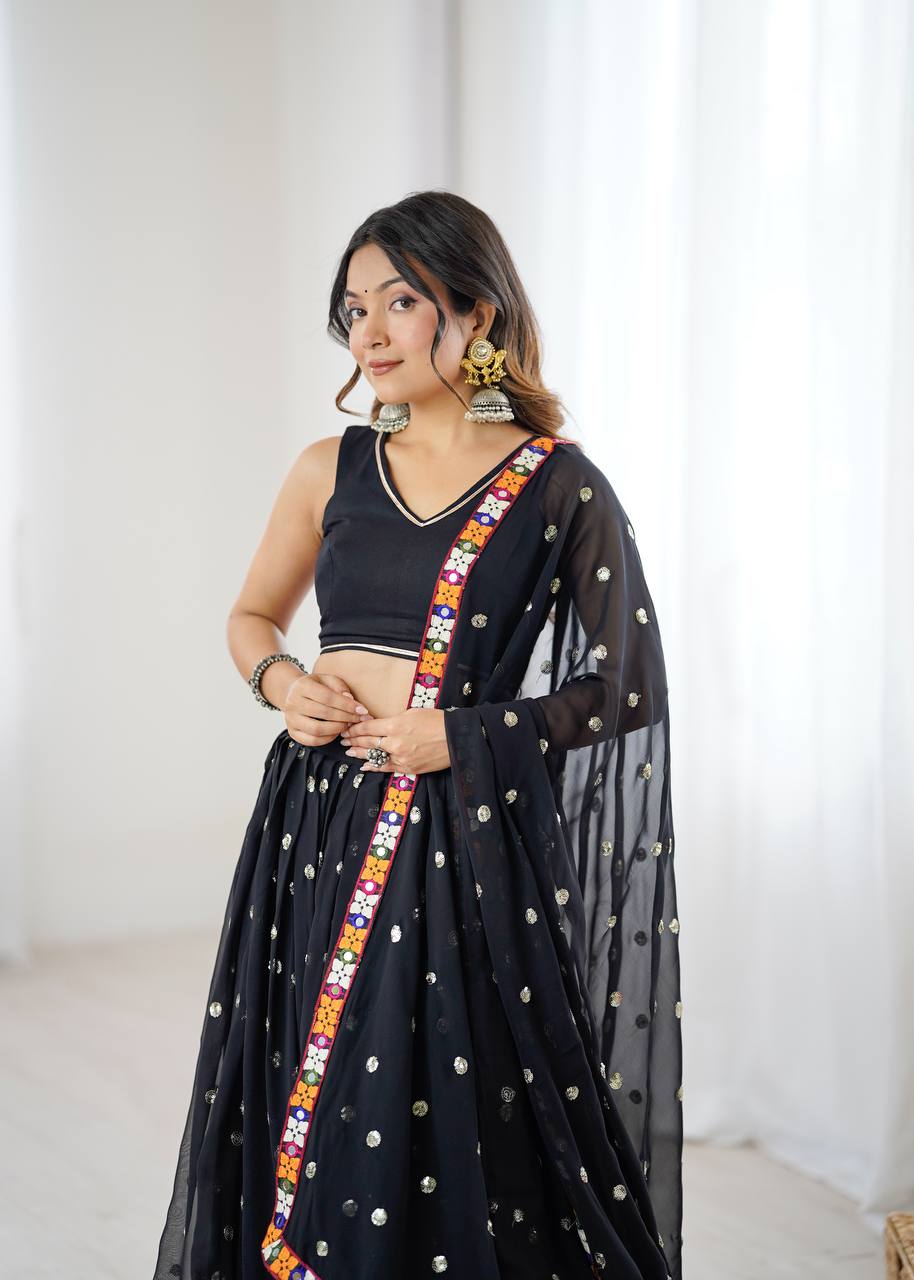 Ravishing Black Georgette Gamthi Work Lehenga Choli