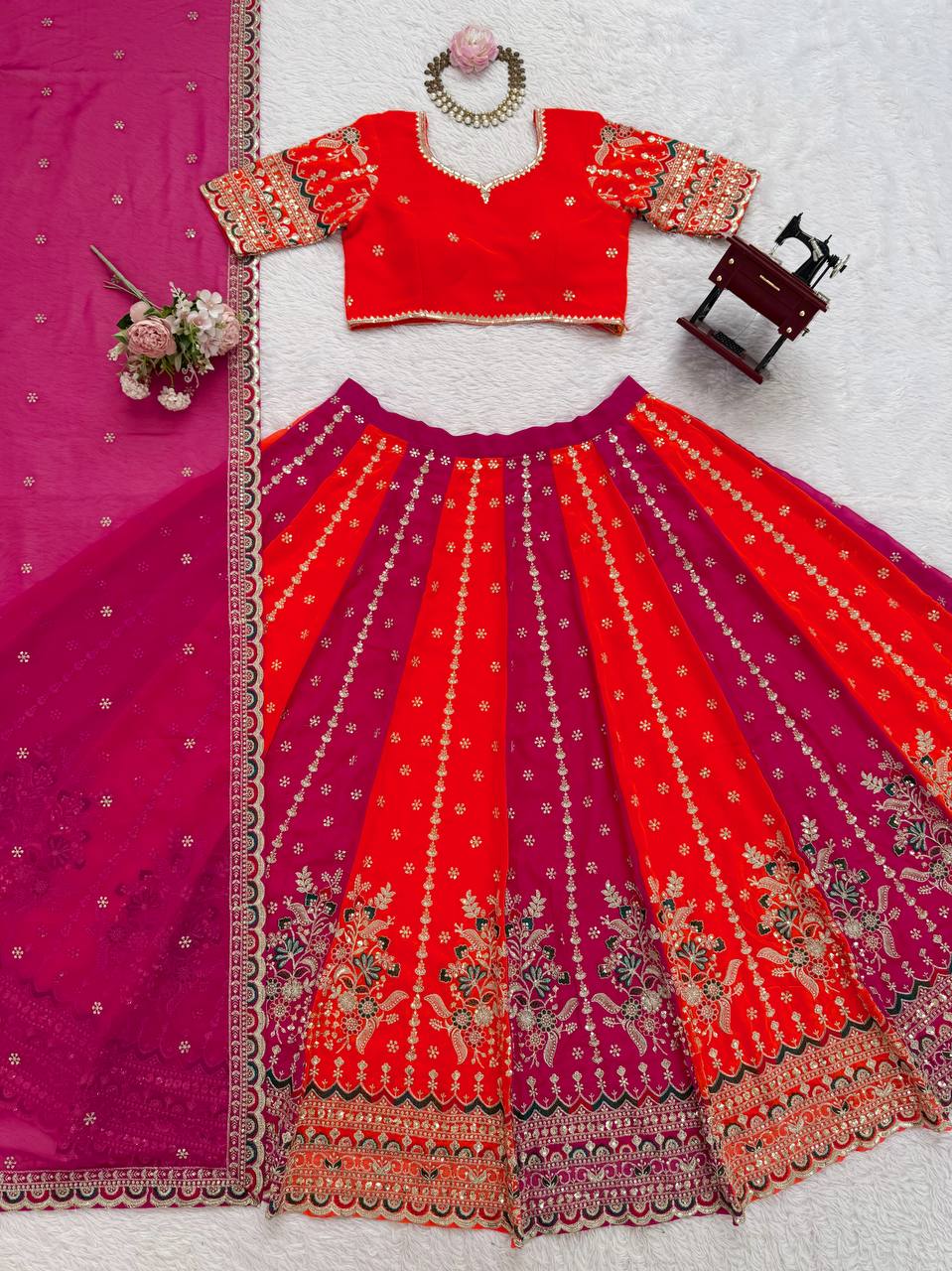 Lovely Red Faux Georgette with Sequence Work Lehenga Choli