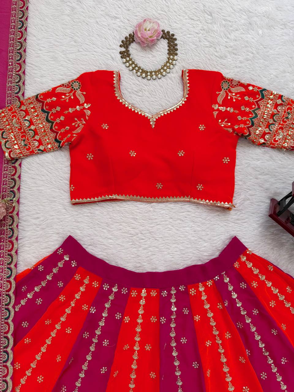 Lovely Red Faux Georgette with Sequence Work Lehenga Choli