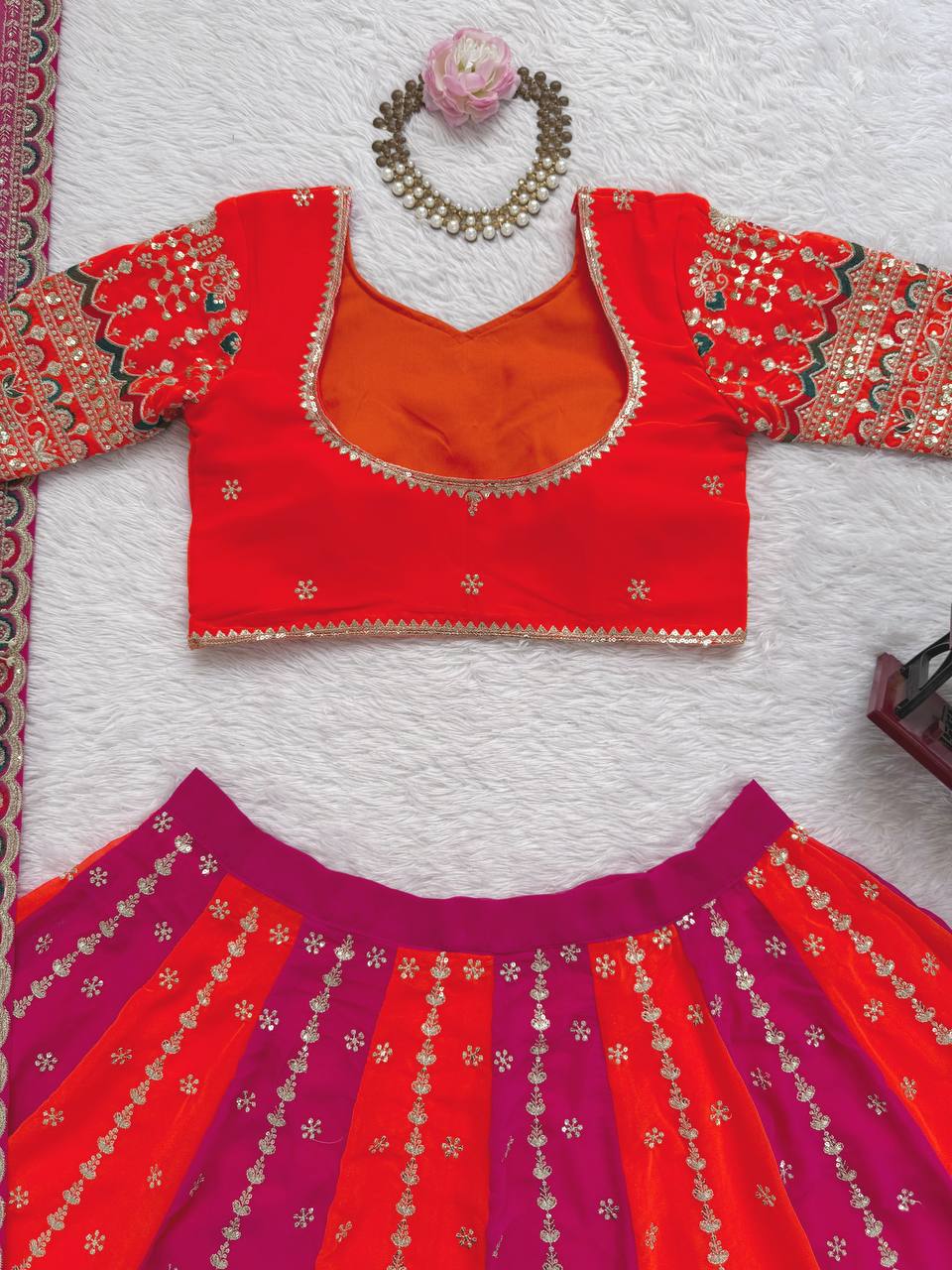 Lovely Red Faux Georgette with Sequence Work Lehenga Choli