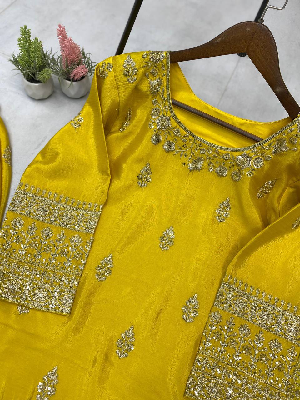 Lovely Yellow Chinon Sequence Work Palazzo Suit